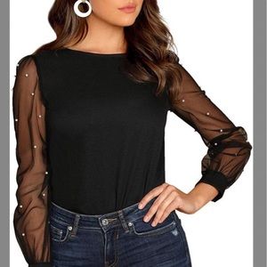 NEW - Elegant Blouse w Pearl Embellished Sleeves XXL